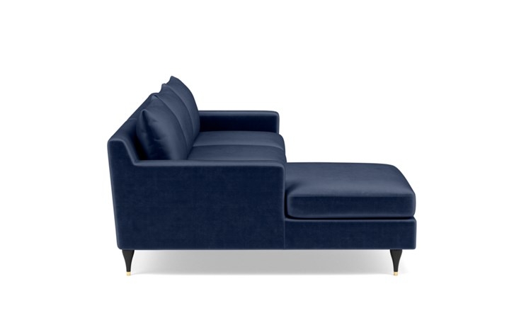 Sloan Left Sectional with Blue Bergen Blue Fabric, down alternative cushions, extended chaise, and Matte Black with Brass Cap legs - Image 2