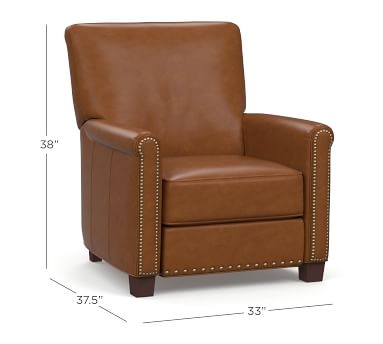 Irving Roll Arm Leather Recliner with Nailheads, Polyester Wrapped Cushions, Vegan Java - Image 3