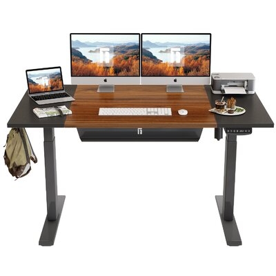 Inbox Zero Height Adjustable Electric Standing Desk With Pencil Tray, 55 X 24 Inch Stand Up Table With, Sit Stand Desk With Splice Board Black Frame/Espresso And Black Top - Image 0