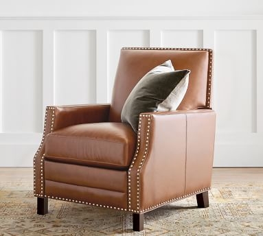 Brixton Square Arm Leather Recliner with Bronze Nailheads, Down Blend Wrapped Cushions, Vintage Caramel - Image 1