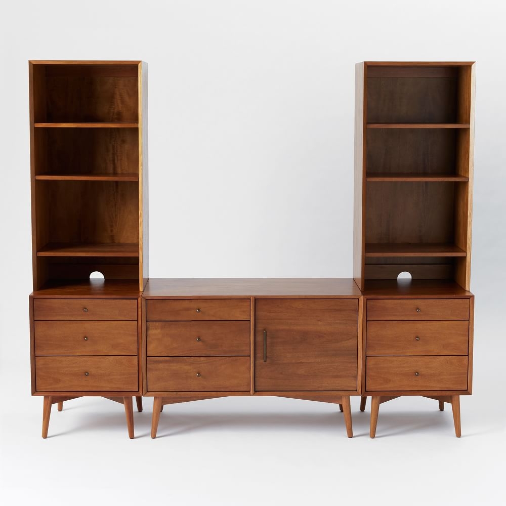 Mid Century Media Without Wide Hutch, Acorn (1 small console, 2 3-door bases, 2 narrow hutches) - Image 0