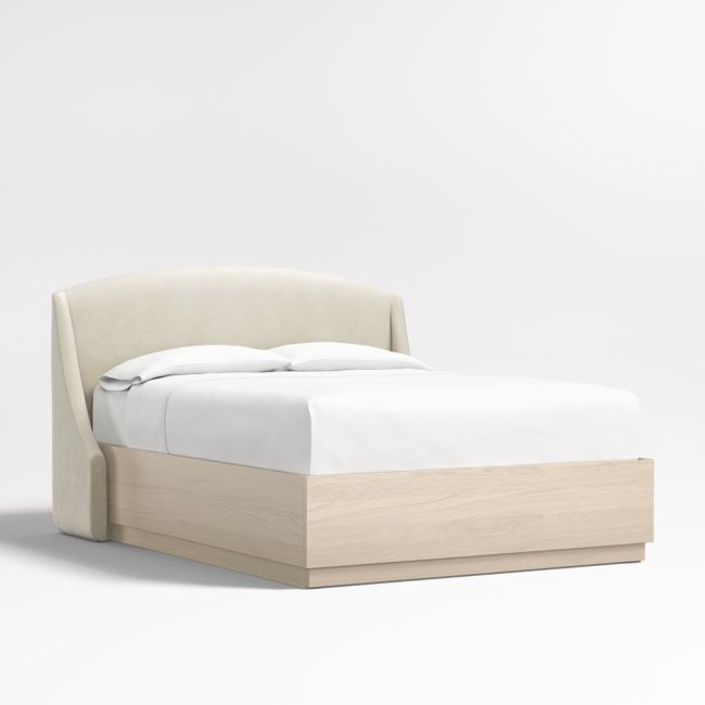 Lafayette 48" Beige Upholstered Queen Headboard with Batten White Oak Storage Bed Base - Image 0