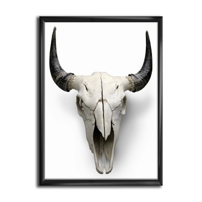 'White Cow Skull with Black Horns' - Picture Frame Print on Canvas - Image 0