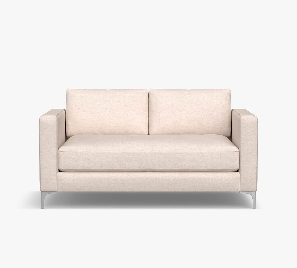 Jake Upholstered Apartment Sofa 2x1 63.5" with Brushed Nickel Legs, Standard Cushions, Sunbrella(R) Performance Boss Herringbone Pebble - Image 1