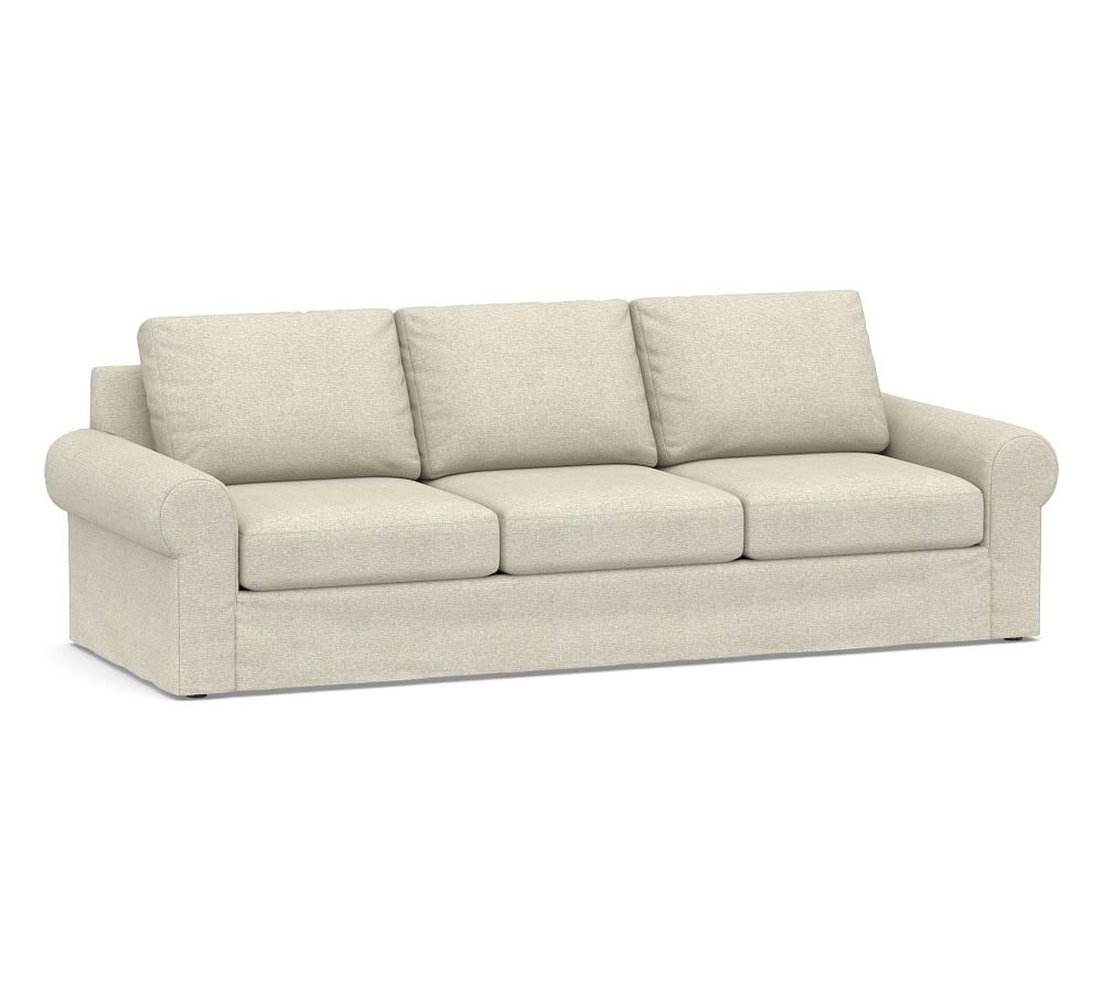 Big Sur Roll Arm Slipcovered Grand Sofa 106", Down Blend Wrapped Cushions, Performance Heathered Basketweave Alabaster White - Image 0