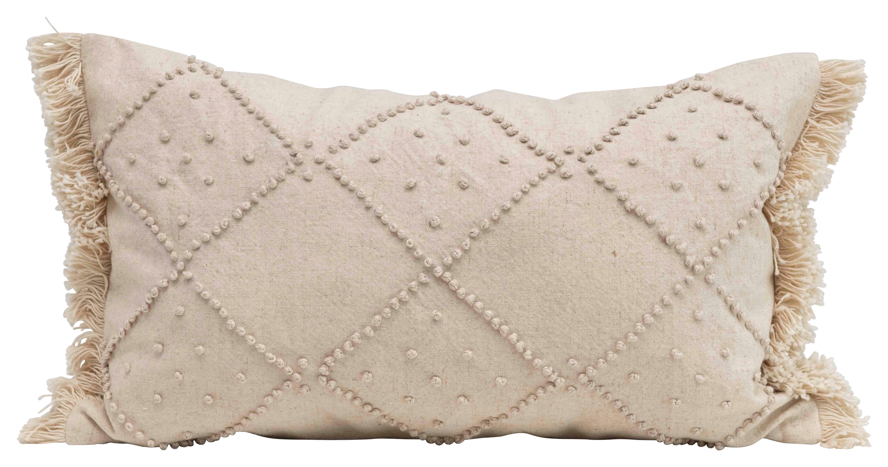  Woven Cotton and Linen Blend Lumbar Pillow with French Knots and Fringe, Cream - Image 0