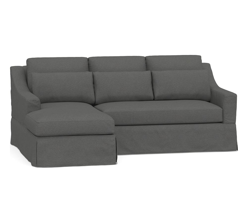 York Slope Arm Slipcovered Deep Seat Right Arm Sofa with Chaise Sectional and Bench Cushion, Down Blend Wrapped Cushions, Park Weave Charcoal - Image 0
