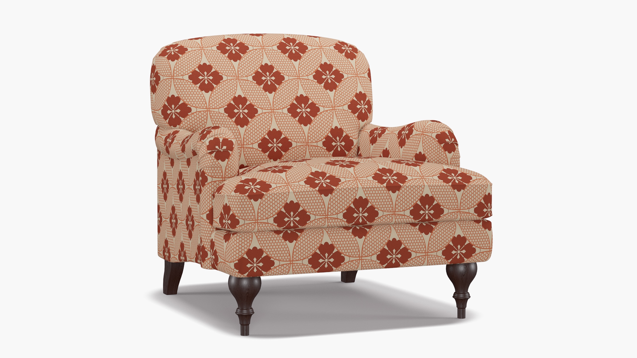 English Roll Arm Chair, Coral Solaire, Espresso Turned Wood Leg - Image 1