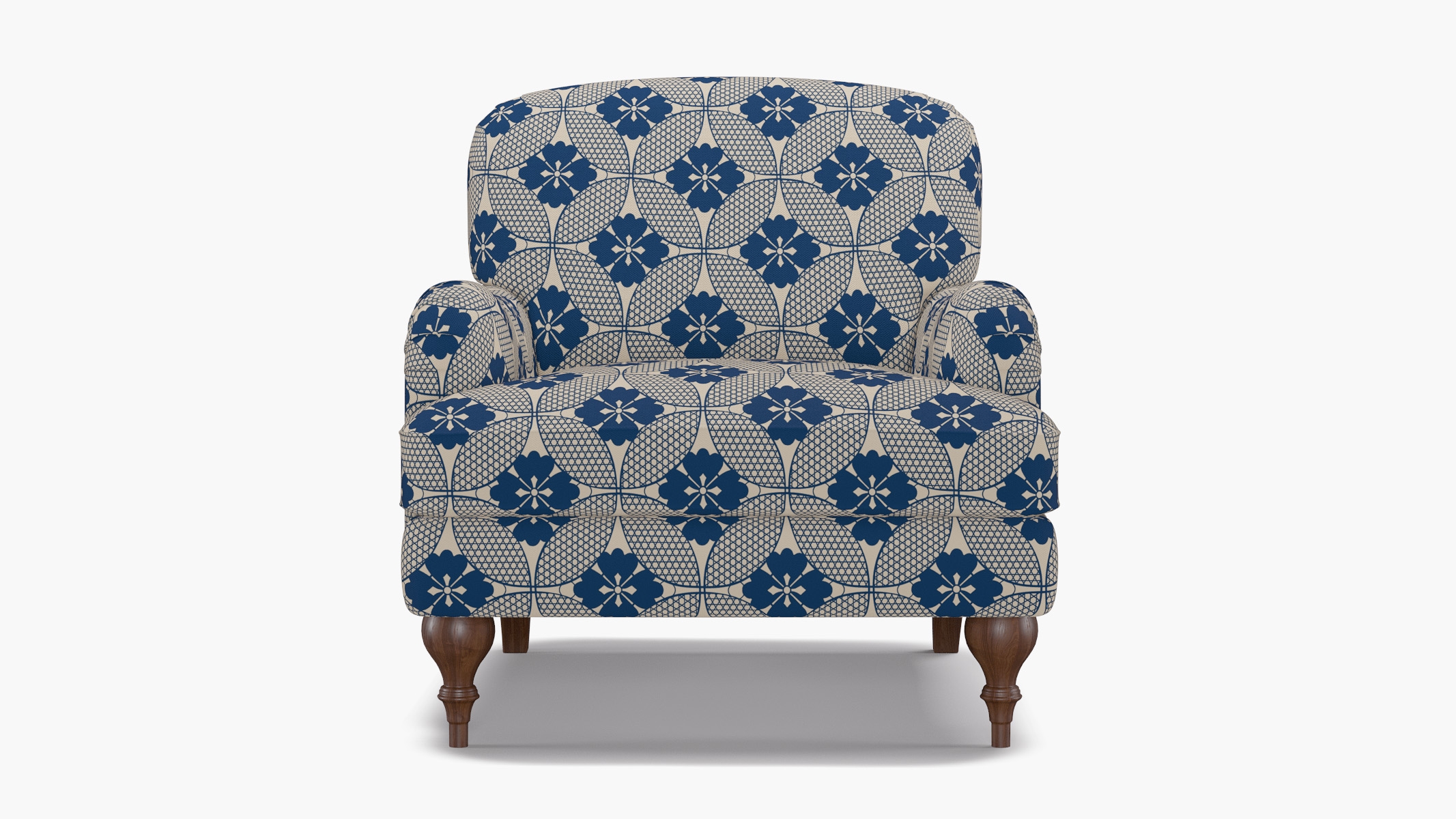 English Roll Arm Chair, Bright Navy Solaire, Walnut Turned Wood Leg - Image 0