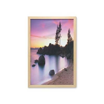 Ambesonne Nature Wall Art With Frame, Lake Tahoe Beach At Sunset With Dreamy Purple Misty Sky Surreal Coast Scenery, Printed Fabric Poster For Bathroom Living Room Dorms, 23" X 35", Dark Brown Peach - Image 0