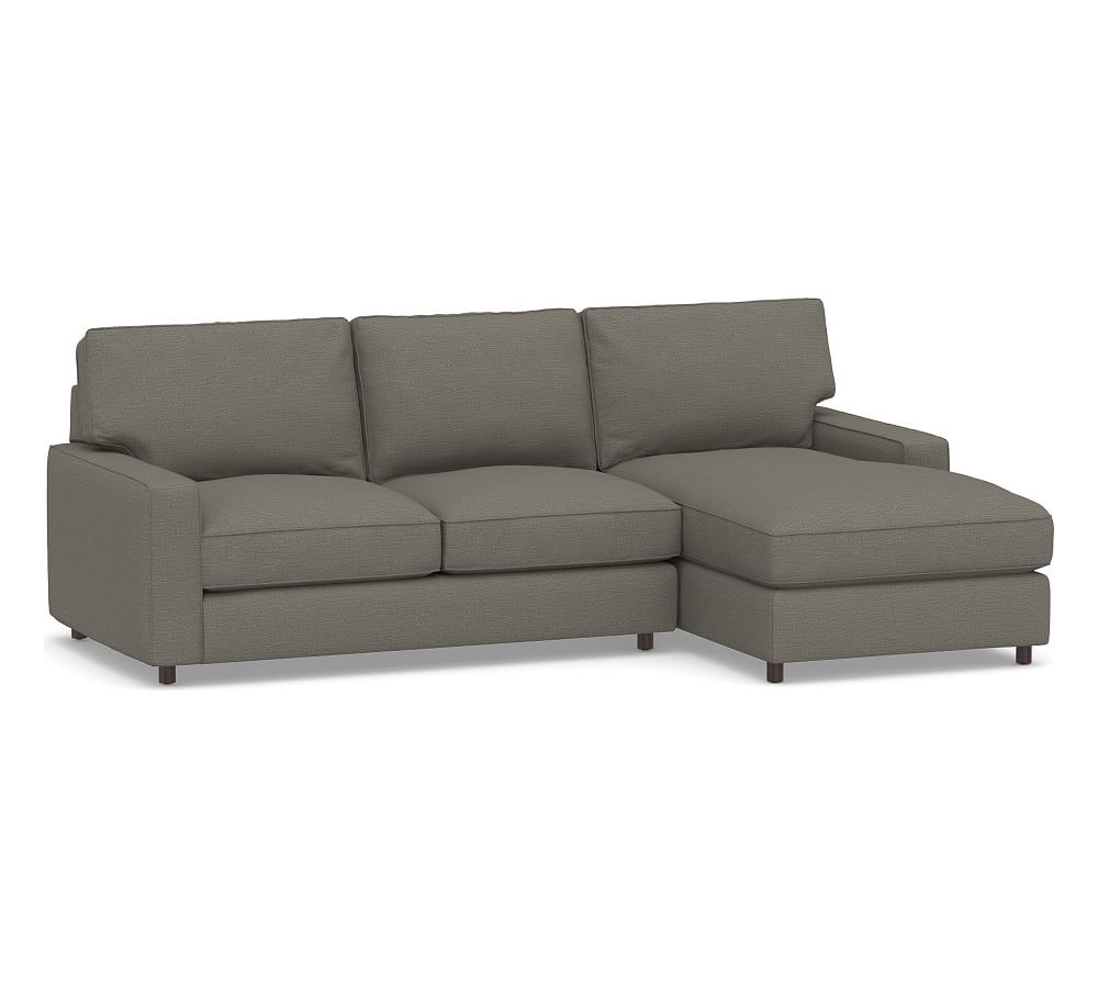 PB Comfort Square Arm Upholstered Left Arm Loveseat with Chaise Sectional, Box Edge Down Blend Wrapped Cushions, Chunky Basketweave Metal - Image 0