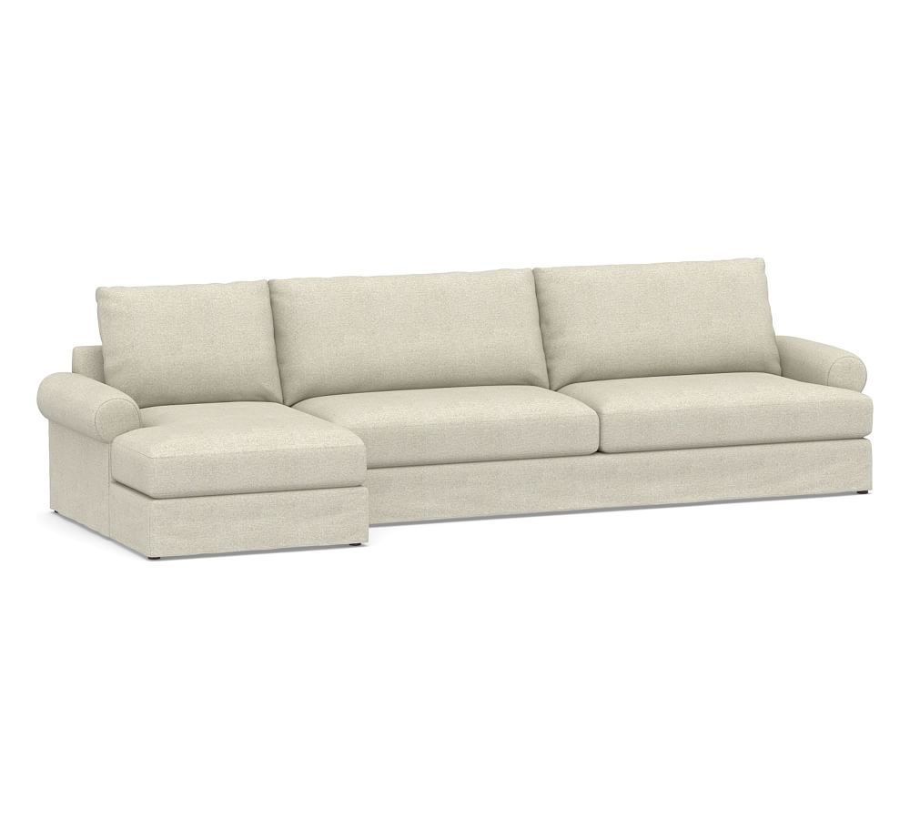 Canyon Roll Arm Slipcovered Right Arm Sofa with Chaise Sectional, Down Blend Wrapped Cushions, Performance Heathered Basketweave Alabaster White - Image 0