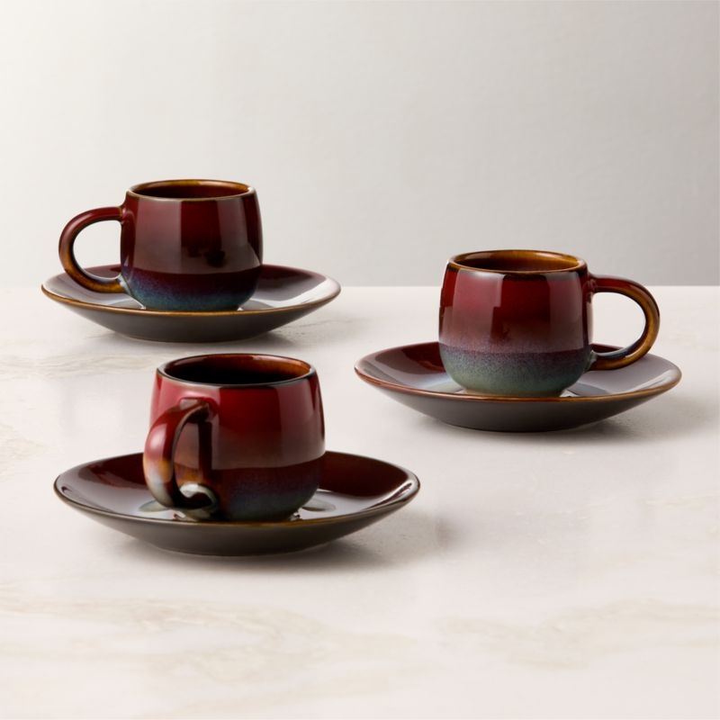 Mori Burgundy and Blue Espresso Cup and Saucer with Reactive Glaze 3oz - Image 1