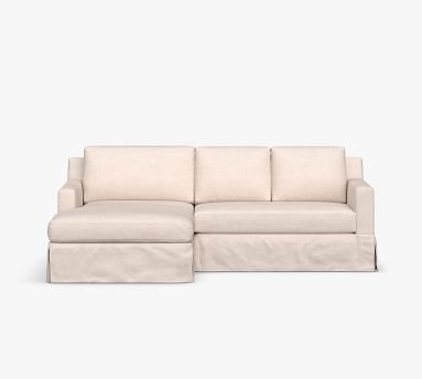 York Square Arm Slipcovered Right Arm Loveseat 94" with Double Wide Chaise Sectional, Bench Cushion, Down Blend Wrapped Cushions, Performance Heathered Basketweave Alabaster White - Image 1
