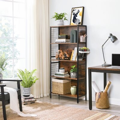 17 Stories Bookcase, Office Storage Shelf, 4 Tiers For Books, Decorations, Stable Steel Frame, S-Shaped Hooks For Hanging, Living Room, Studio, Bedroom, Rustic Brown And Black A976CAB3C8904A04BD635935F8C7786F - Image 0