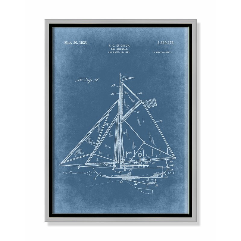 Casa Fine Arts 'Sailboat 1 Blueprint  - Blue' - Floater Frame Graphic Art on Canvas Frame Color: Silver Framed, Size: 16" H x 12" W x 2" D - Image 0