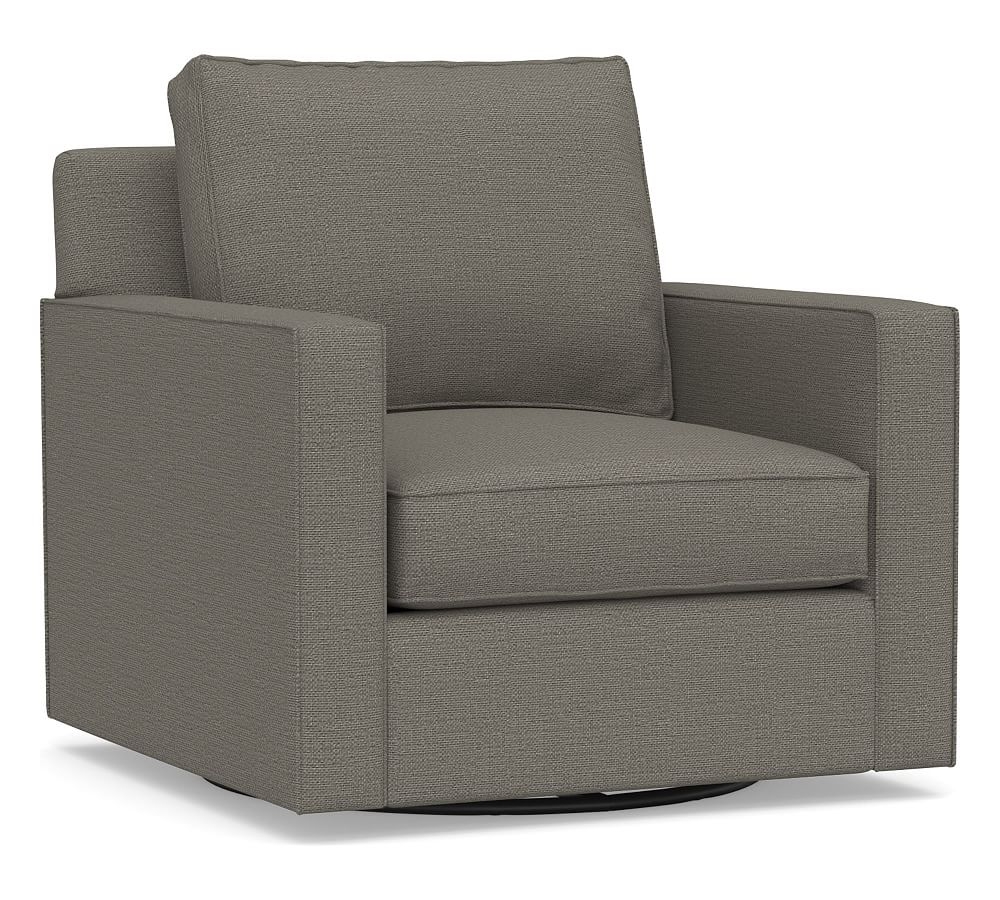 Cameron Square Arm Upholstered Swivel Armchair, Polyester Wrapped Cushions, Chunky Basketweave Metal - Image 0