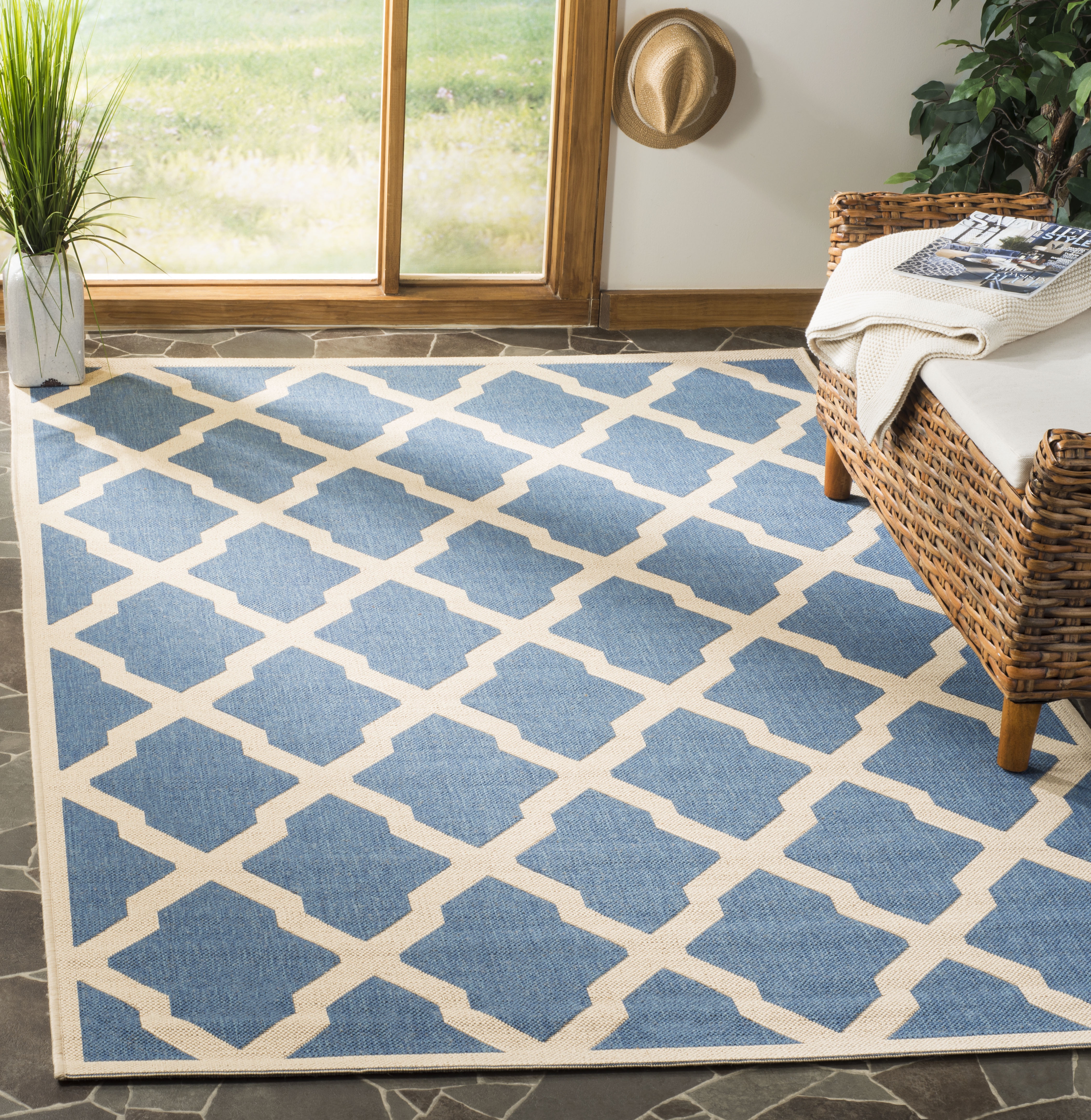 Arlo Home Indoor/Outdoor Woven Area Rug, LND122M, Blue/Cream,  4' X 6' - Image 1