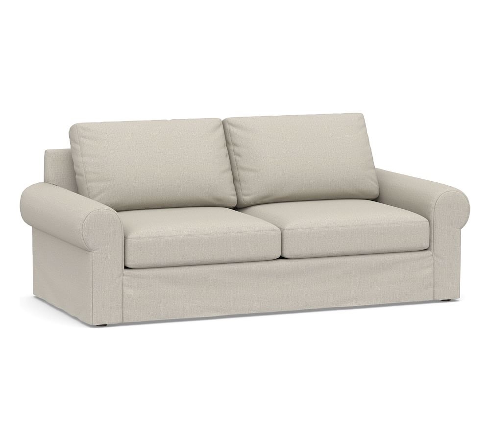 Big Sur Roll Arm Slipcovered Sofa 84", Down Blend Wrapped Cushions, Performance Heathered Tweed Pebble - Image 0