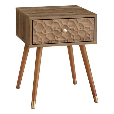 SIDE TABLE / NIGHTSTAND - 1 STORAGE DRAWER / SQUARE / RIPPLED FRONT / MID-CENTURY MODERN - 20"H - WALNUT WOOD-LOOK / GOLD - Image 0