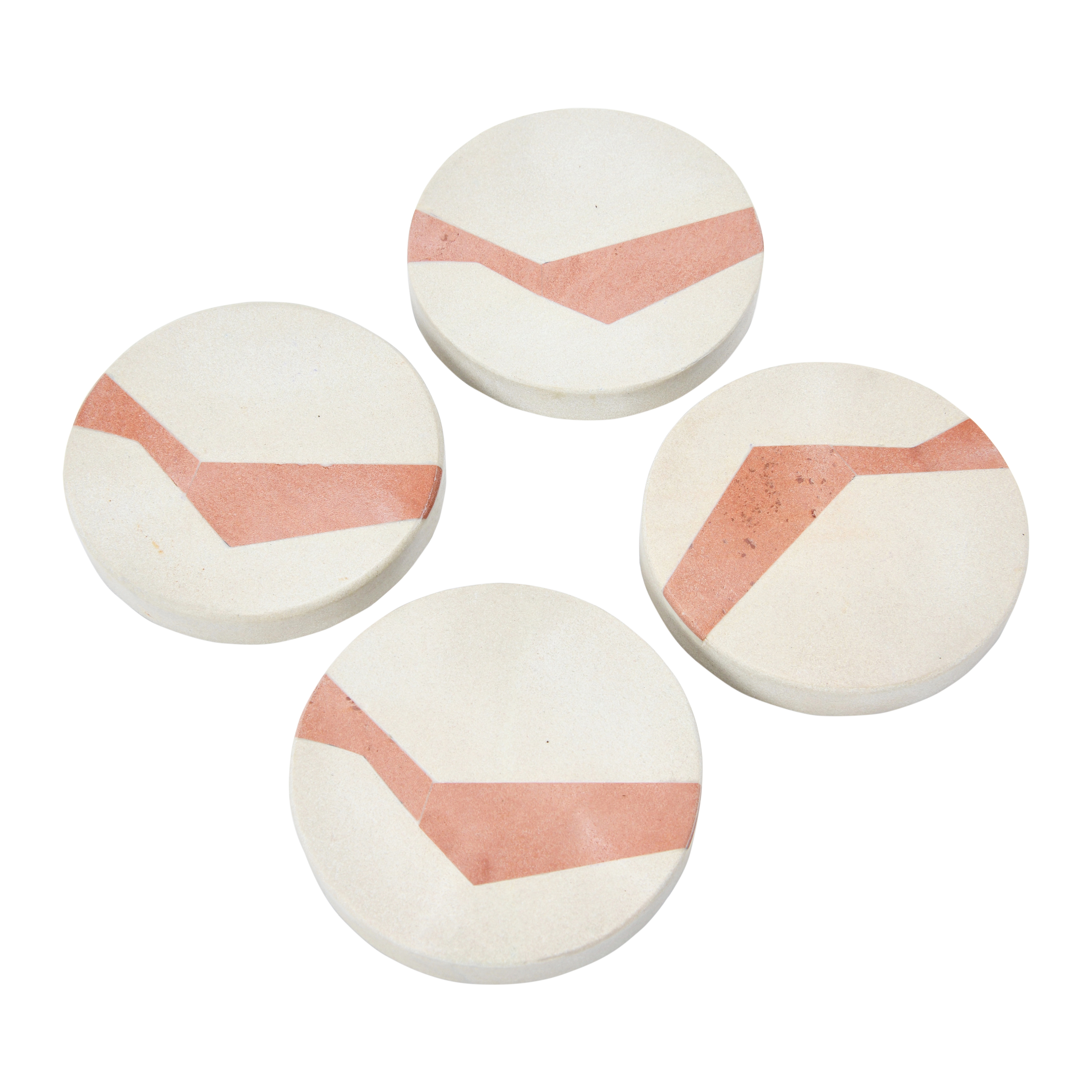 Round Sandstone Coasters with Abstract Design, Off-White/Terracotta, Set of 4 - Image 0