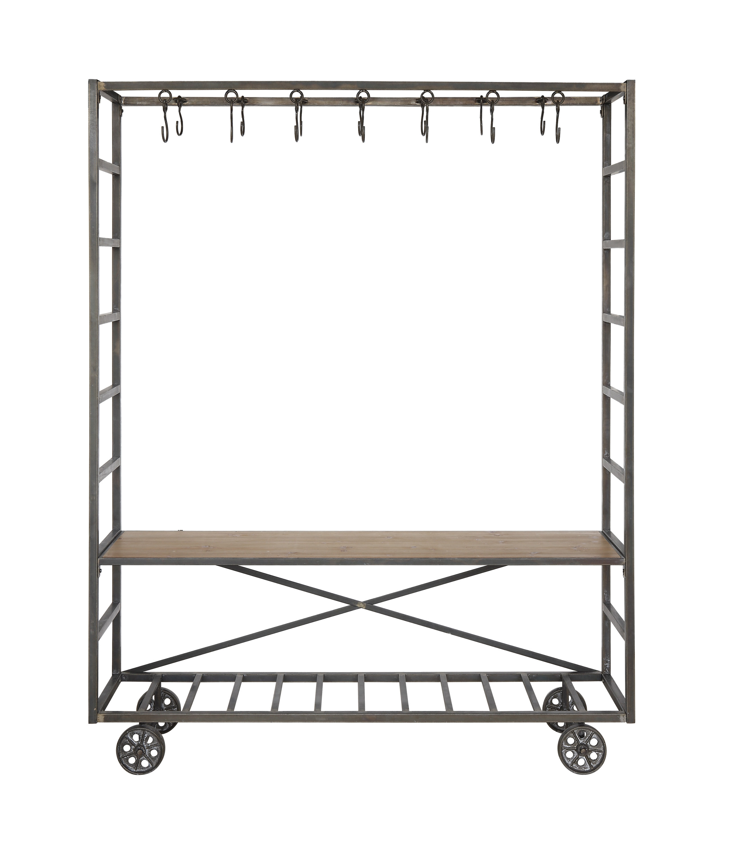 78"H Metal Cart with Ladder-Style Sides, Metal Rod Shelf, Wood Shelf, 14 Hooks & Wheels - Image 0