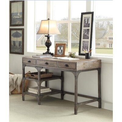 Industrial, Contemporary,  Includes Three Top Drawers And Two Shelves, Gorden Desk In Weathered Oak & Antique Silver - Image 0