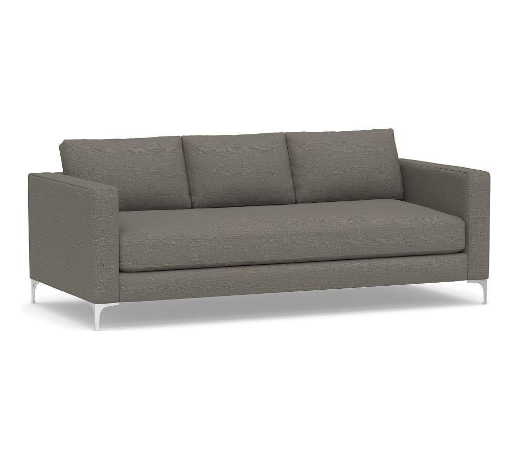 Jake Upholstered Sofa 85" with Brushed Nickel Legs, Polyester Wrapped Cushions, Chunky Basketweave Metal - Image 0