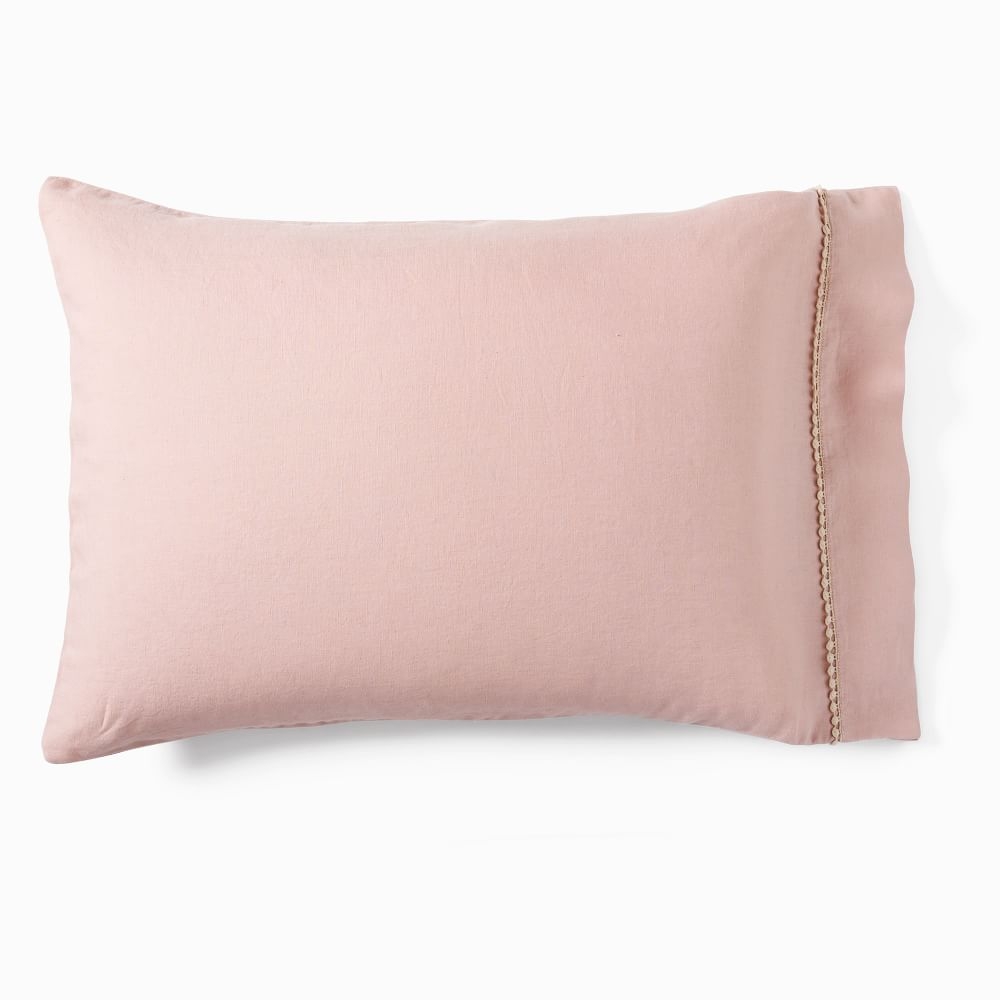 Euro Linen Pom Pom Standard Pillowcase, Adobe Rose - Image 0