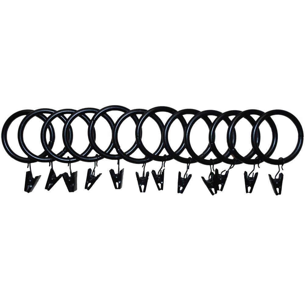 The Artifactory 1 in. Drapery Rings with Clips for 1 in. or 1 3/8 in. Poles in Matte Black (12-Pack) - Image 0