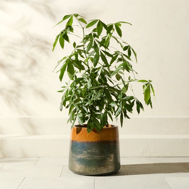 Tramonto Round Two-Tone Green and Natural Reactive Glaze Ceramic Indoor/Outdoor Planter Large - Image 0