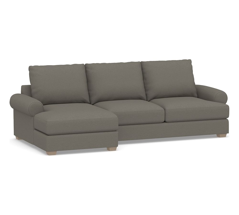 Canyon Roll Arm Upholstered Right Arm Loveseat with Chaise Sectional, Down Blend Wrapped Cushions, Chunky Basketweave Metal - Image 0