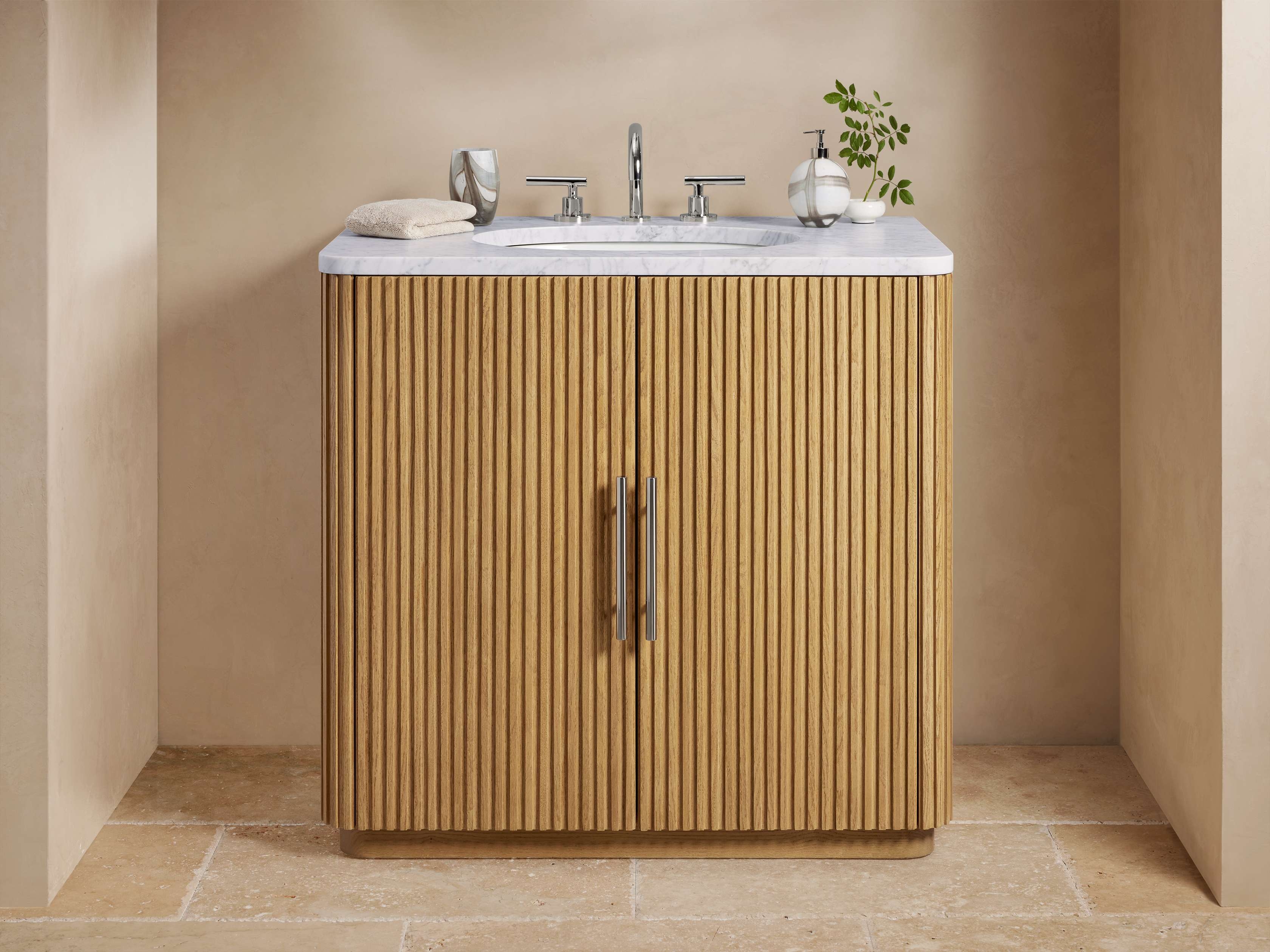 Finnley Single Vanity in Wood Natural  Carrara/Honey Nickel - Image 0