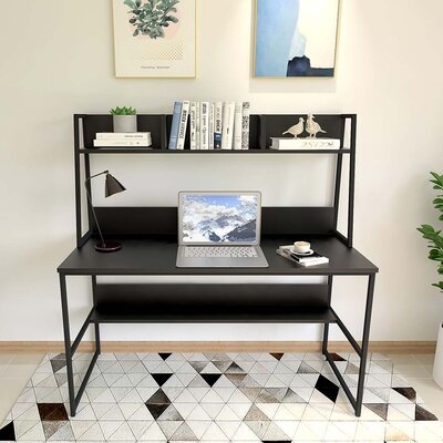 Computer Desk With Hutch And Bookshelf, 47 Inches Home Office Desk With Space Saving Design For Small Spaces (Dark) - Image 0