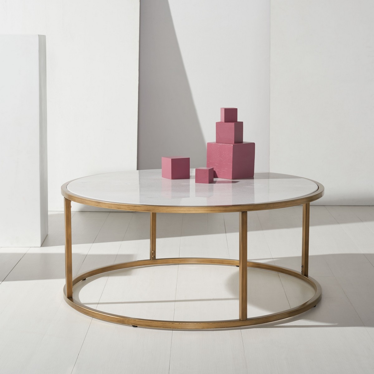Brynna Round Marble Coffee Table - White/Bronze - Image 1