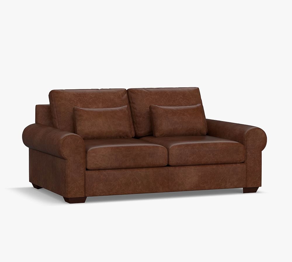 Big Sur Roll Arm Leather Deep Seat Loveseat 78", Down Blend Wrapped Cushions, Churchfield Camel - Image 0