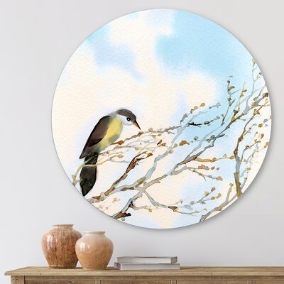 Bird On Old Bare Tree With Blue Cloudy Sky - Traditional Metal Circle Wall Art - Image 0