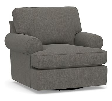 Buchanan Roll Arm Upholstered Swivel Armchair, Polyester Wrapped Cushions, Chenille Basketweave Charcoal - Image 0