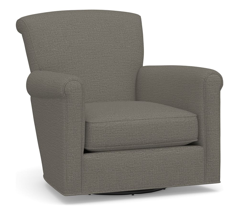 Irving Roll Arm Upholstered Swivel Armchair, Polyester Wrapped Cushions, Chunky Basketweave Metal - Image 0