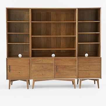 Mid Century Media With Wide Hutch, Acorn (1 small console, 2 door bases, 2 narrow hutches) - Image 2
