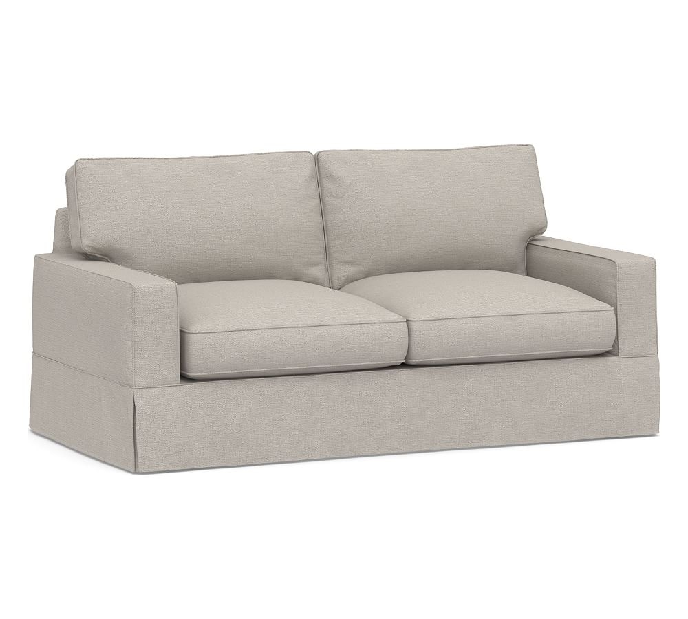 PB Comfort Square Arm Slipcovered Sofa 76.5", Box Edge, Memory Foam Cushions, Chunky Basketweave Stone - Image 0