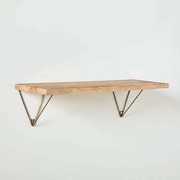 Linear Raw Mango Wood Shelf 2FT, Prism Brackets, Antique Brass - Image 1