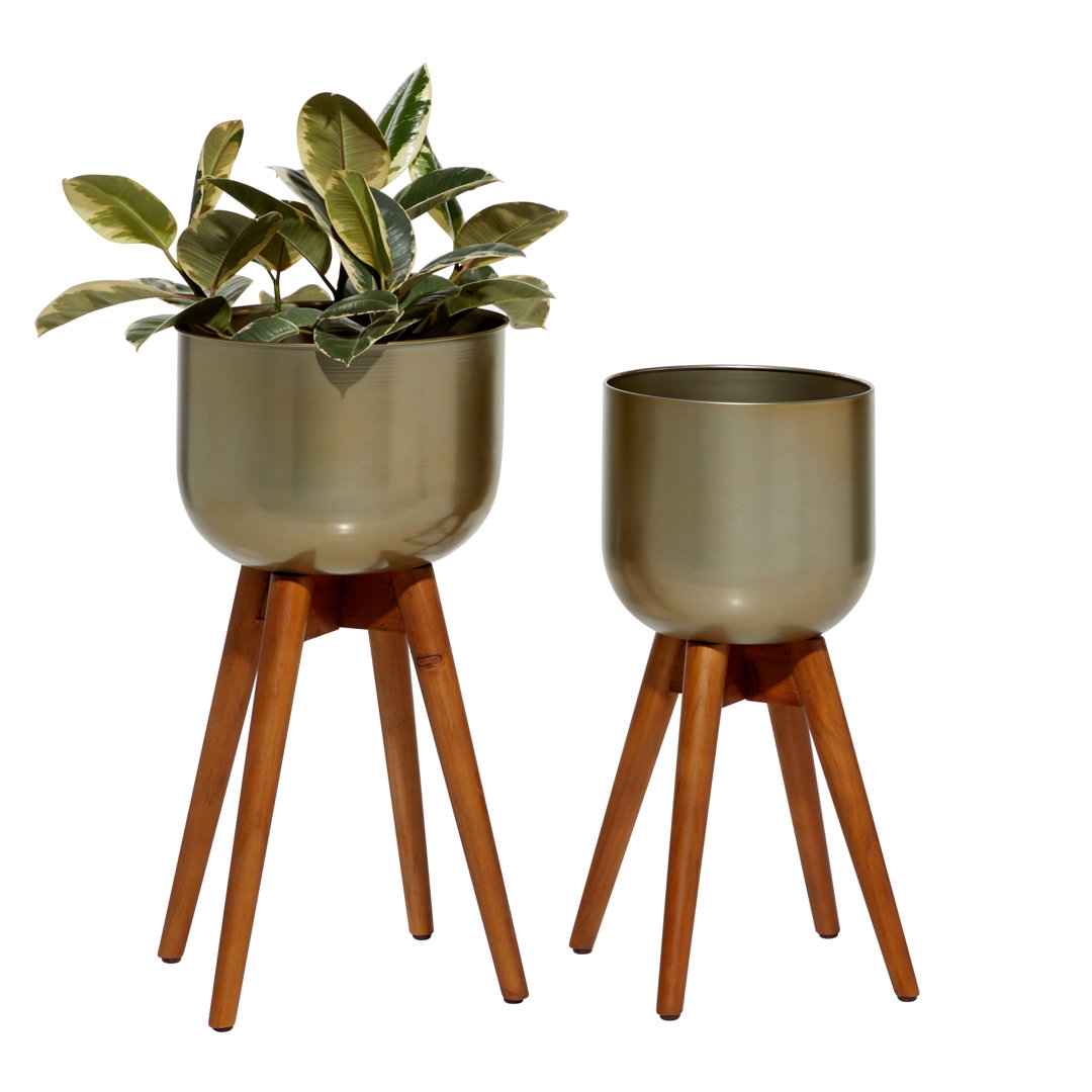 "Cole & Grey Gold Metal Planters With Wood Base, Set Of 2: 21"" X 24""" - Image 0