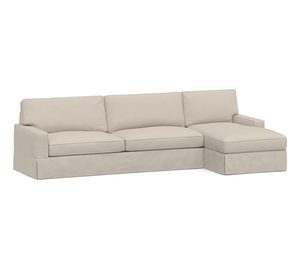 PB Comfort Square Arm Slipcovered Left Arm Sofa with Chaise Sectional, Box Edge, Memory Foam Cushions, Performance Chateau Basketweave Oatmeal - Image 0