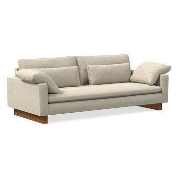 Harmony 92" Bench Cushion Sofa, Standard Depth, Distressed Velvet, Dune, Dark Walnut - Image 0