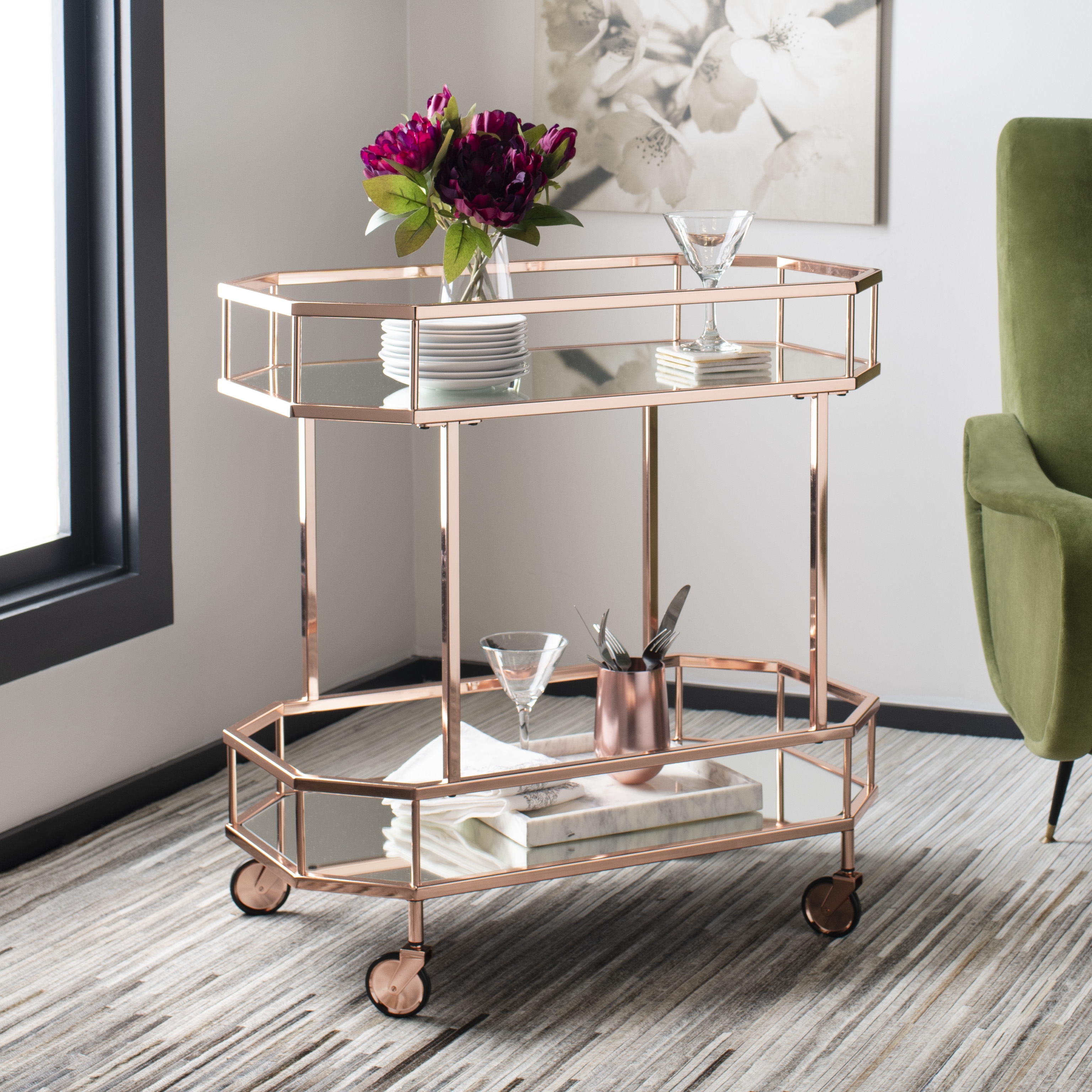 Silva 2 Tier Octagon Bar Cart - Rose Gold/Mirror - Safavieh - Image 5