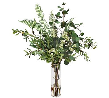 Faux Olive &amp; Eucalyptus Mixed Fern Composed Arrangement, Tall Glass Vase - 37'' - Image 0