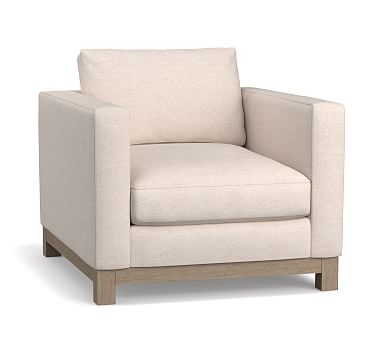 Jake Upholstered Armchair with Wood Legs, Polyester Wrapped Cushions, Performance Brushed Basketweave Chambray - Image 0