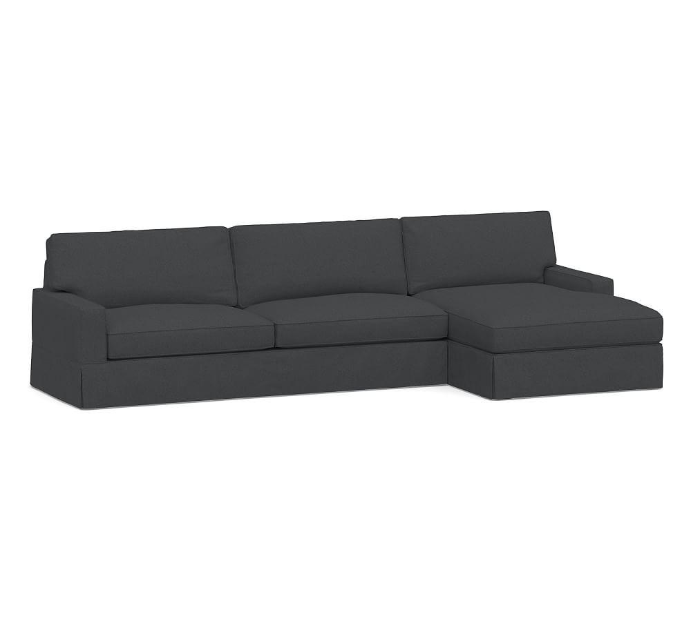 PB Comfort Square Arm Slipcovered Left Arm Sofa with Wide Chaise Sectional, Box Edge, Down Blend Wrapped Cushions, Premium Performance Basketweave Charcoal - Image 0