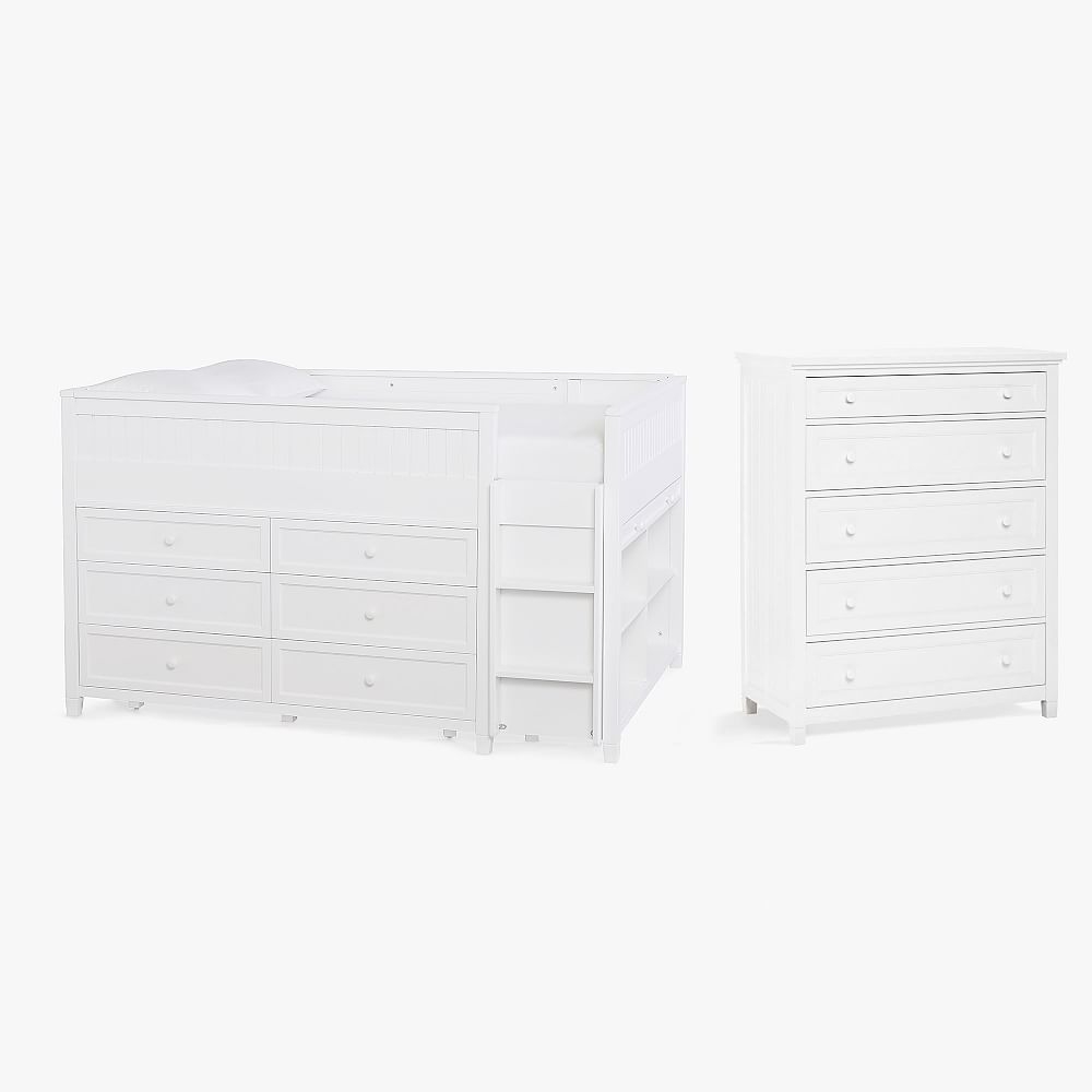 Beadboard Low Loft Bed & 5 Drawer Dresser Set, Full, Simply White, In-Home - Image 0